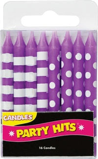 Stripe and Dot Candles - Purple, 16pc