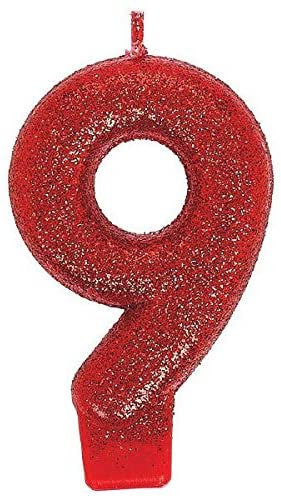 Number Candle - 9 - Red Glitter
