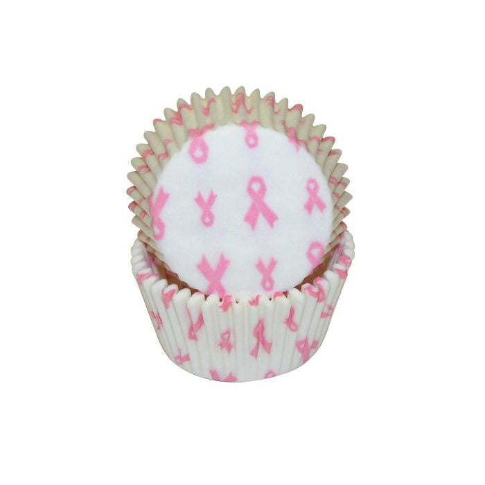 White with Pink Ribbons, Standard Size Bake Cups - 50ish Cupcake Liners