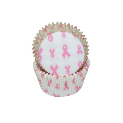 White with Pink Ribbons, Standard Size Bake Cups - 50ish Cupcake Liners