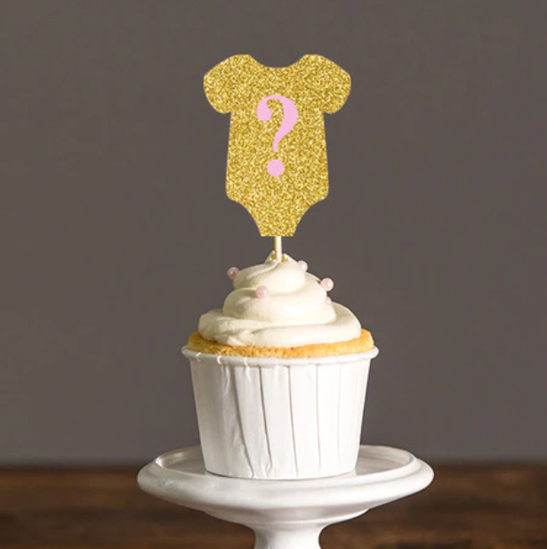 Gold Gender Reveal Onesie Cupcake Picks - 12 Cupcake Picks