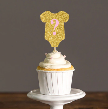 Gold Gender Reveal Onesie Cupcake Picks - 12 Cupcake Picks