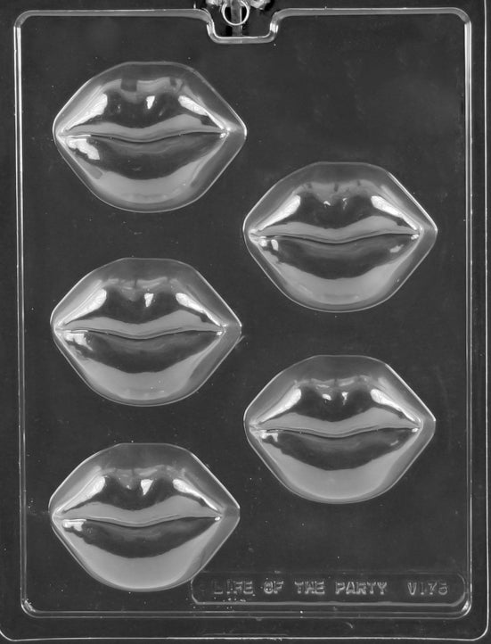 Picture of chocolate mold for lip-shaped chocolate covered cookies.  Mold contains 5 lip-shaped cavities.
