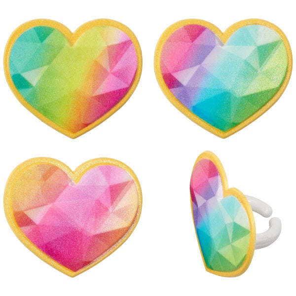 Rainbow Prism Heart Cupcake Rings, 12 Cupcake RIngs
