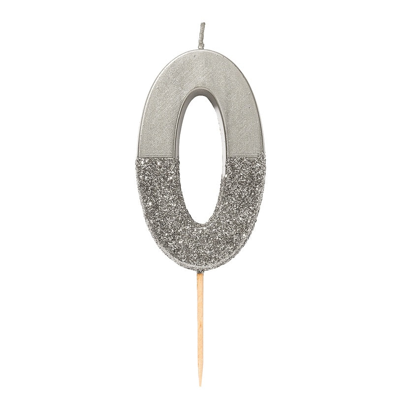 Silver Glitter Number Candle - Number 0