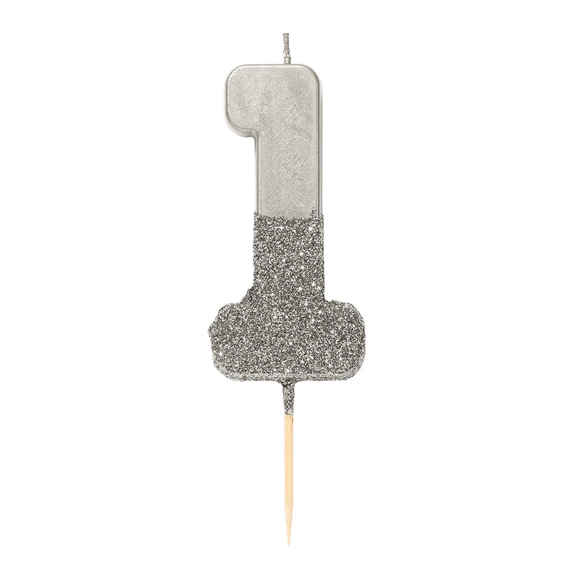 Silver Glitter Number Candle - Number 1