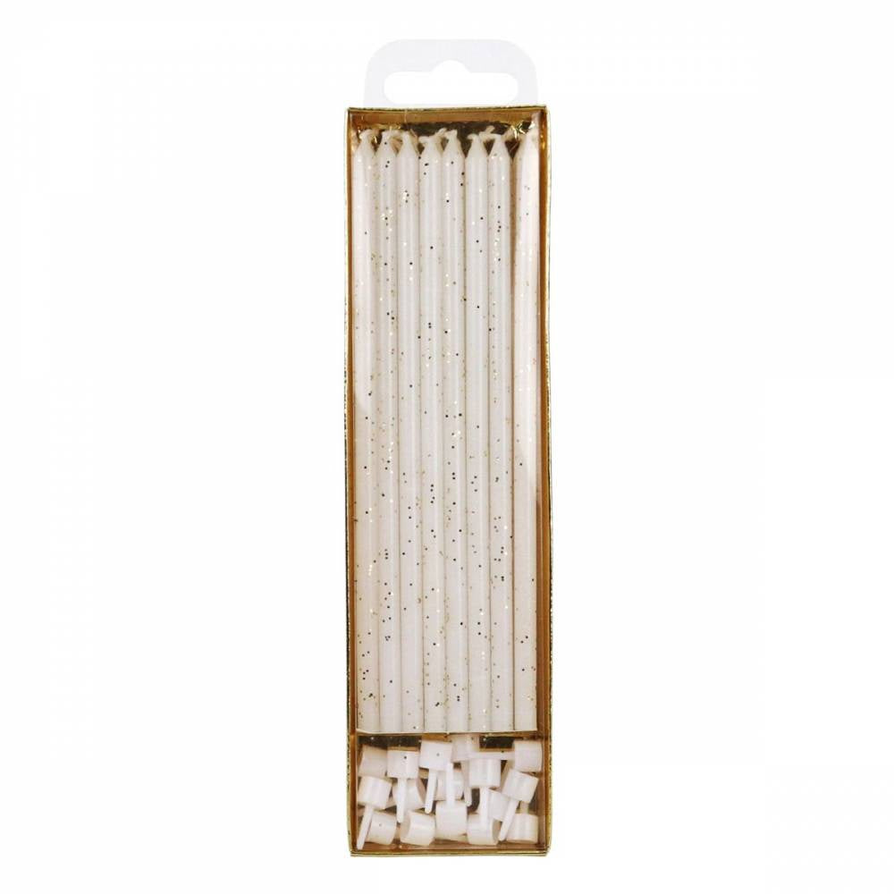 Tall Candles with Holders, White Glitter