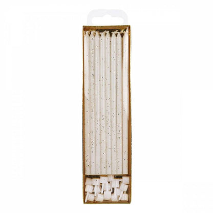 Tall Candles with Holders, White Glitter