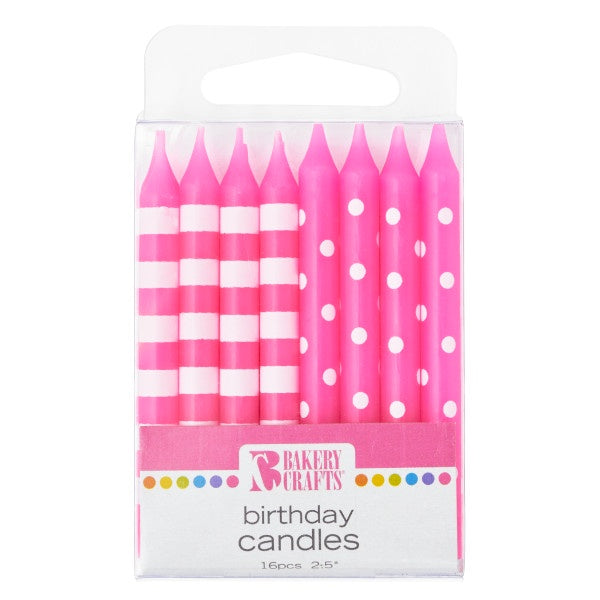 Stripe and Dot Candles - Pink, 16pc