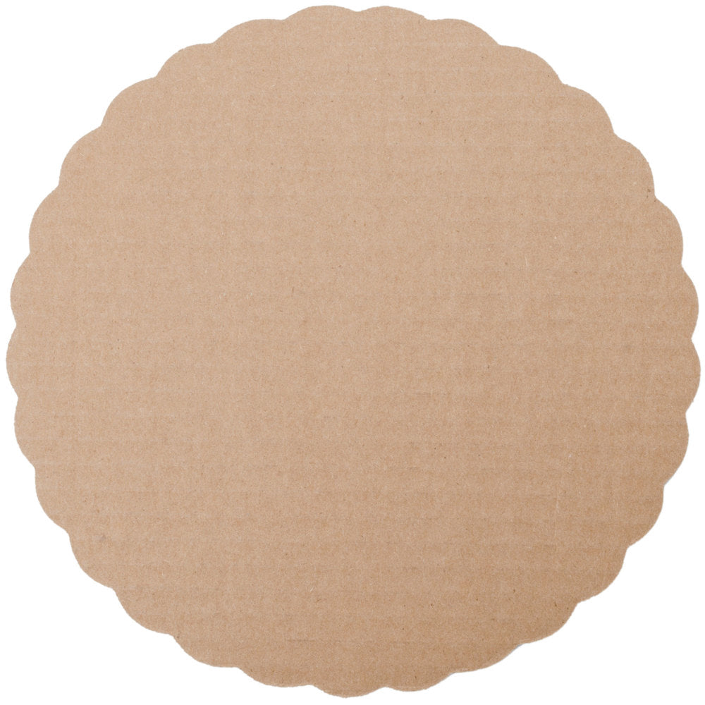 images shows the back of an 8 inch gold cake board with scalloped edges. the back is brown carcboard.