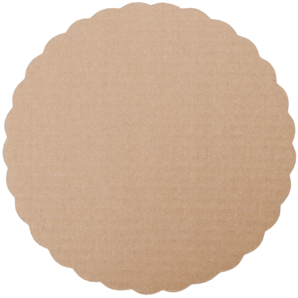 image shows the back of a 10 inch gold cake circle with scalloped edges.  the back is brown cardboard