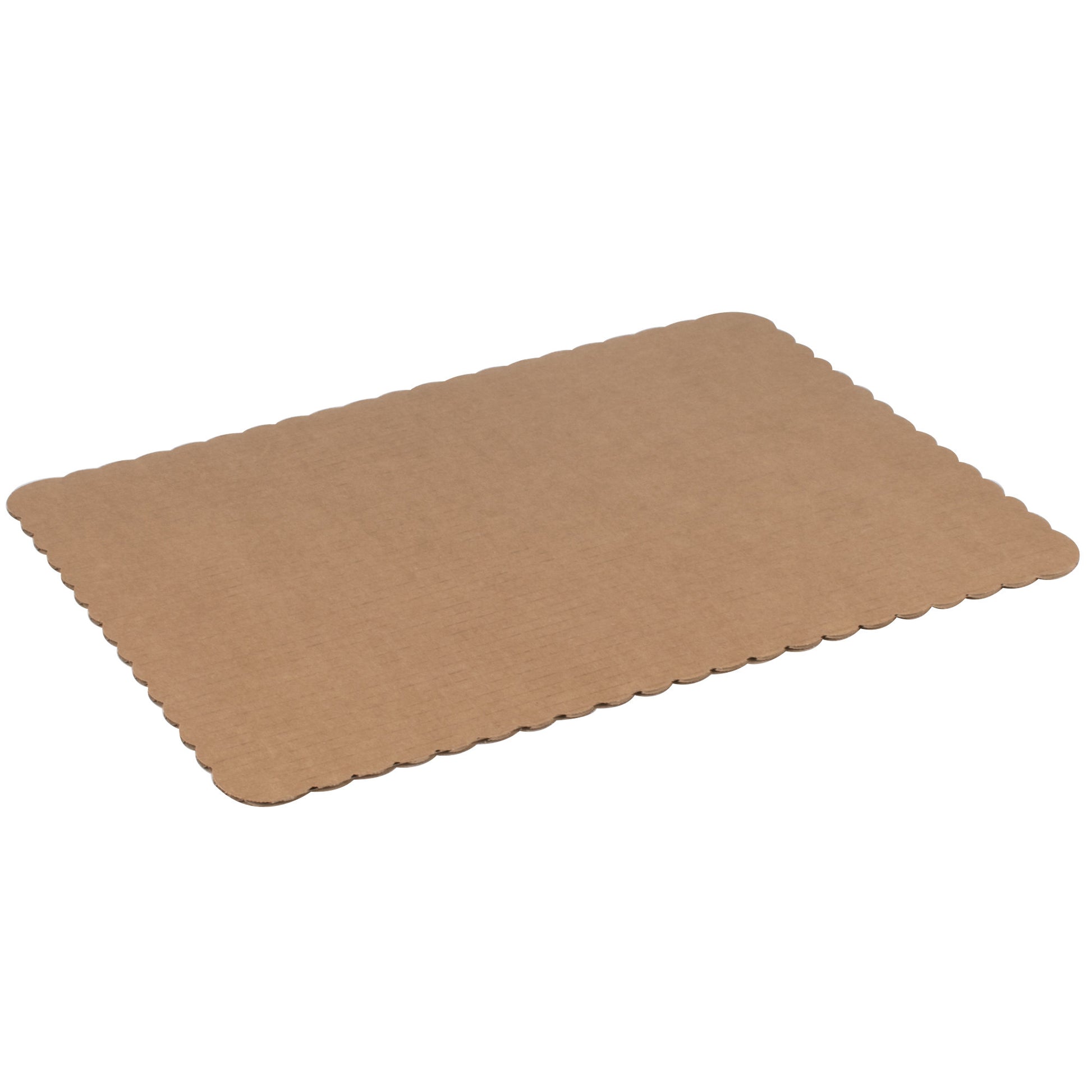 images shows the back of a gold half sheet cake board with scalloped edges.  The back is brown coardboard