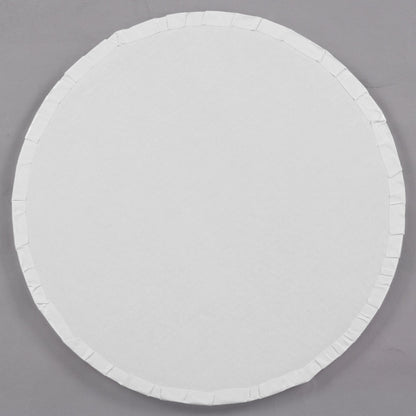 image of the back of an 8 inch round white cake board that is 1/2 inch thick