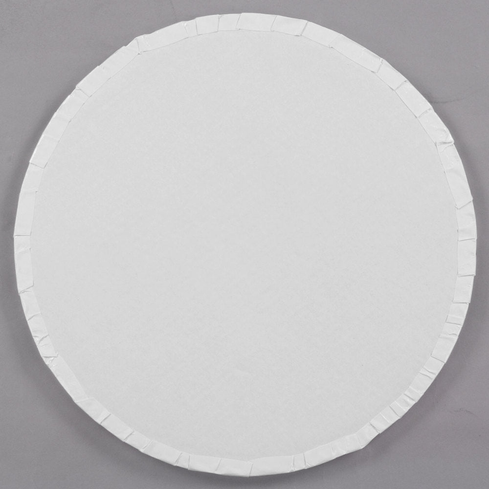 image of the back of an 8 inch round white cake board that is 1/2 inch thick