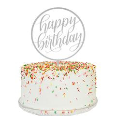 Happy Birthday Cake Topper with Silver Mirror Finish