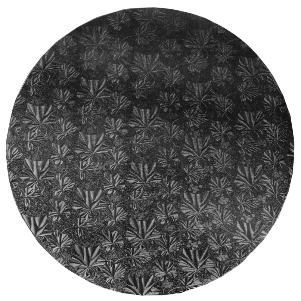 image of a 20 inch round black cake drum. the drum is 1/2 thick and the foil has an embossed pattern on it.