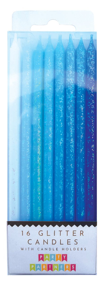 Blue Gradiant Glitter Candles with Candle Holders