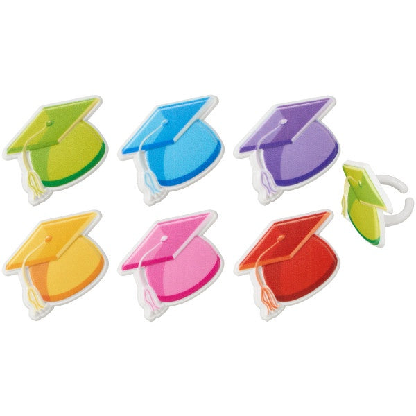 Brightly Colored Graduation Cap Cupcake Rings - 12 Rings