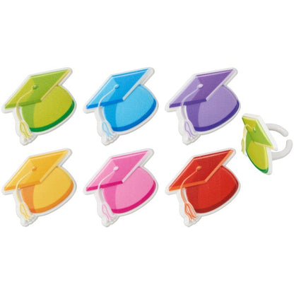 Brightly Colored Graduation Cap Cupcake Rings - 12 Rings