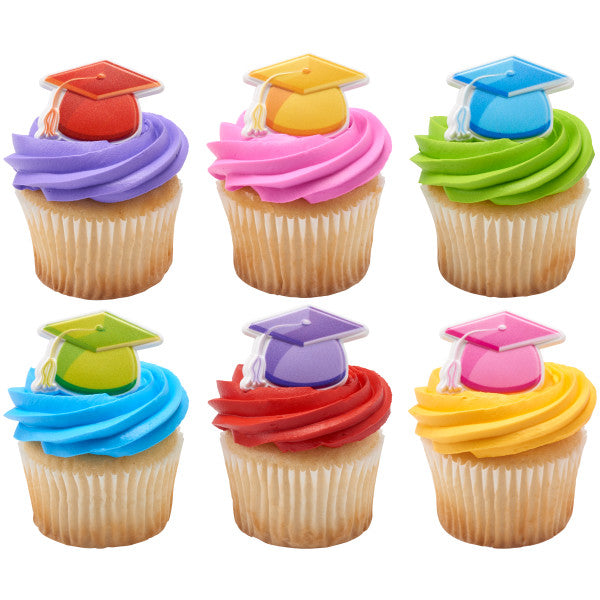 Brightly Colored Graduation Cap Cupcake Rings - 12 Rings