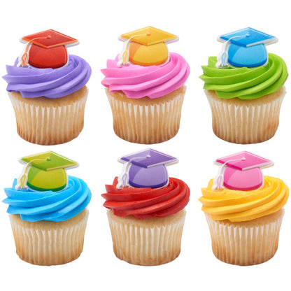 Brightly Colored Graduation Cap Cupcake Rings - 12 Rings