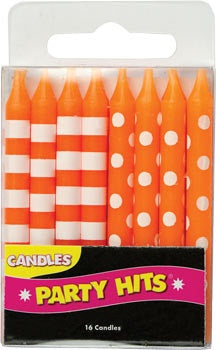Stripe and Dot Candles - Orange, 16pc