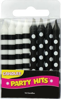 Stripe and Dot Candles - Black, 16pc