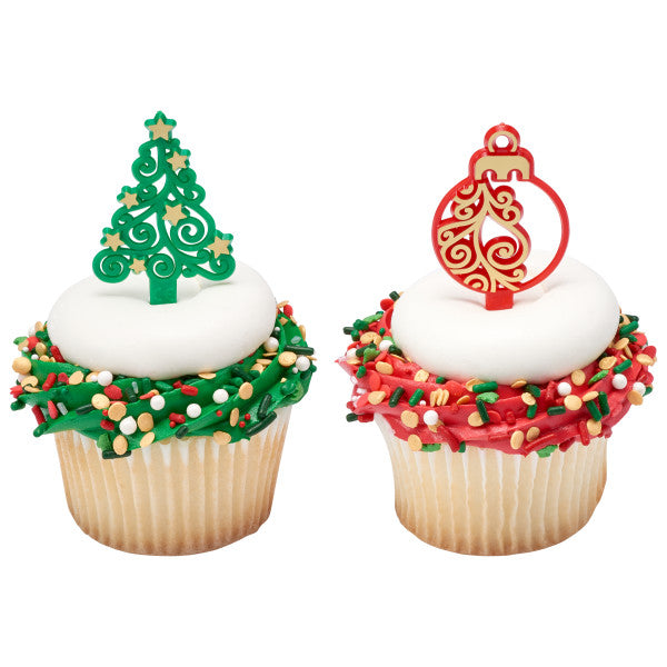 Christmas Ornaments and Trees Cupcake Picks - 12 Picks