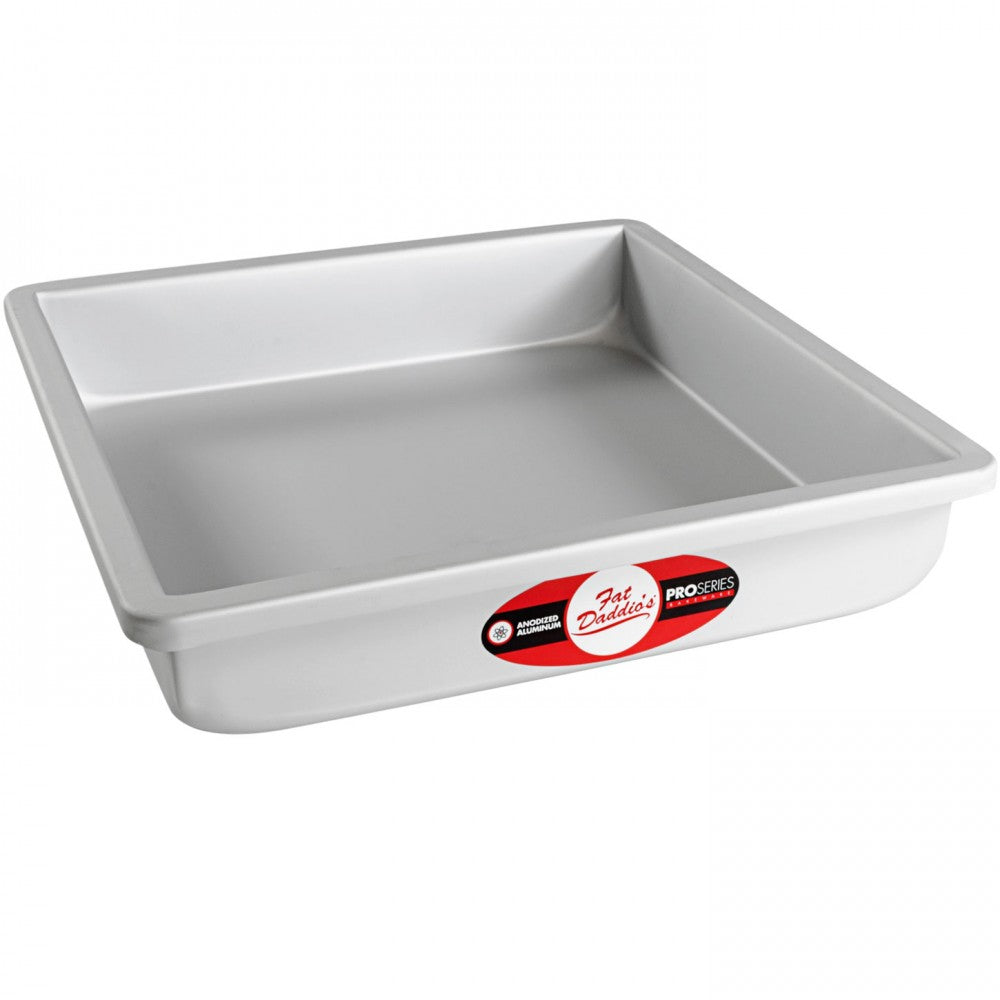 image of fat daddios square cake pan that is 10 inch square and 2 inch depth