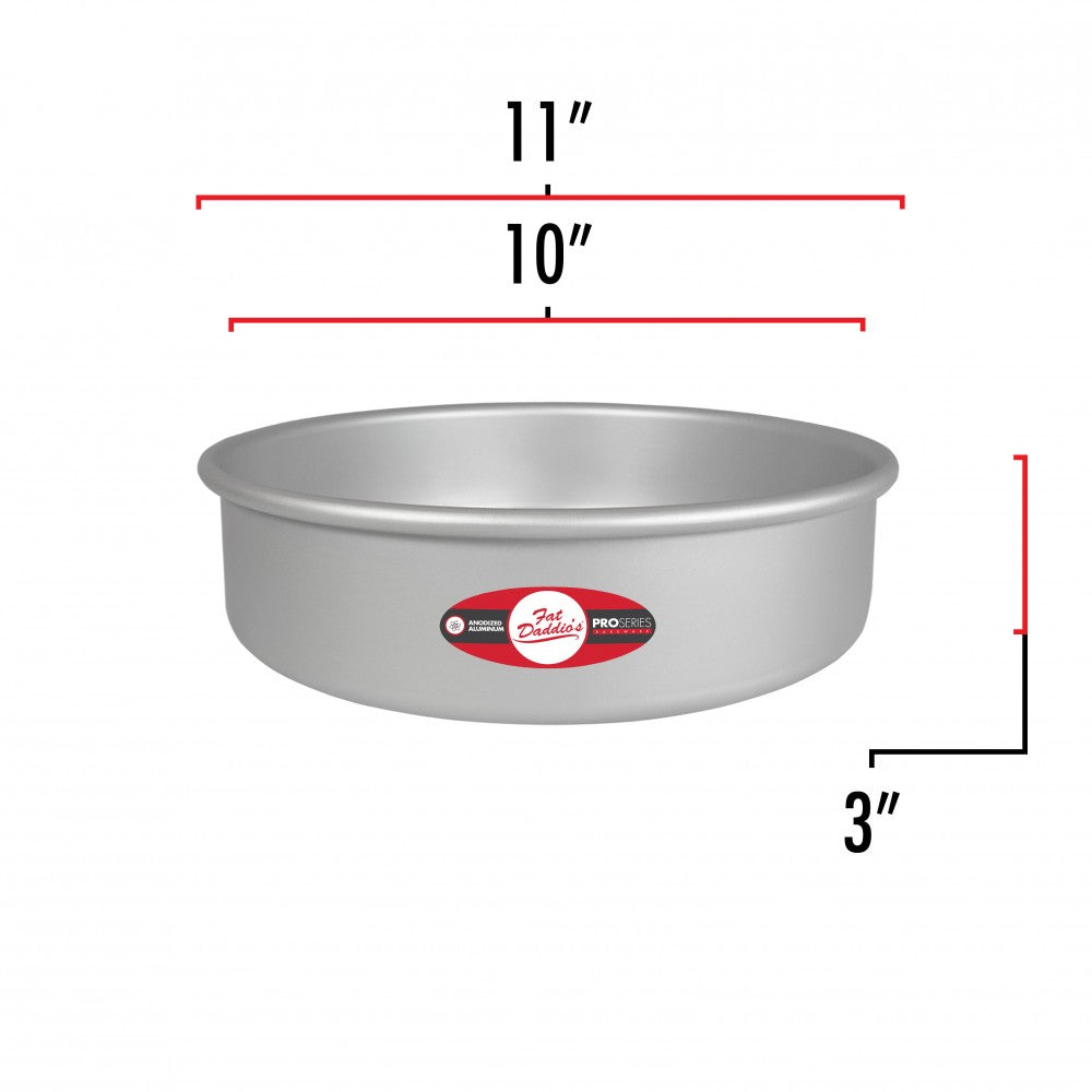 image shows the dimensions of a 10 inch round cake pan. The outer diameter is 11 inches and the inner diameter is 10 inches.