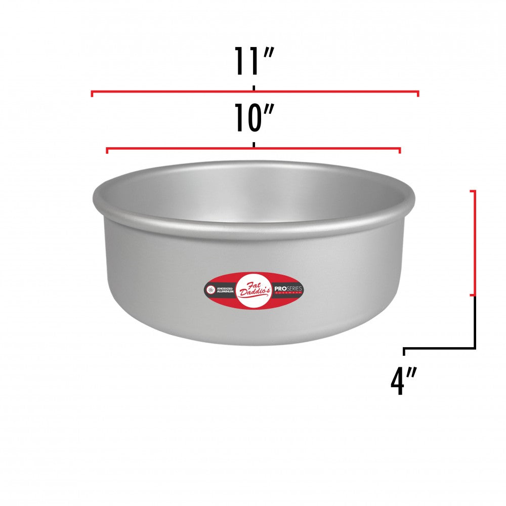 image of fat daddios 10 inch cake pan that is 4 inches deep. Image shows that the outer diameter of the pan is 11 inches while the inner diameter is 10 inches