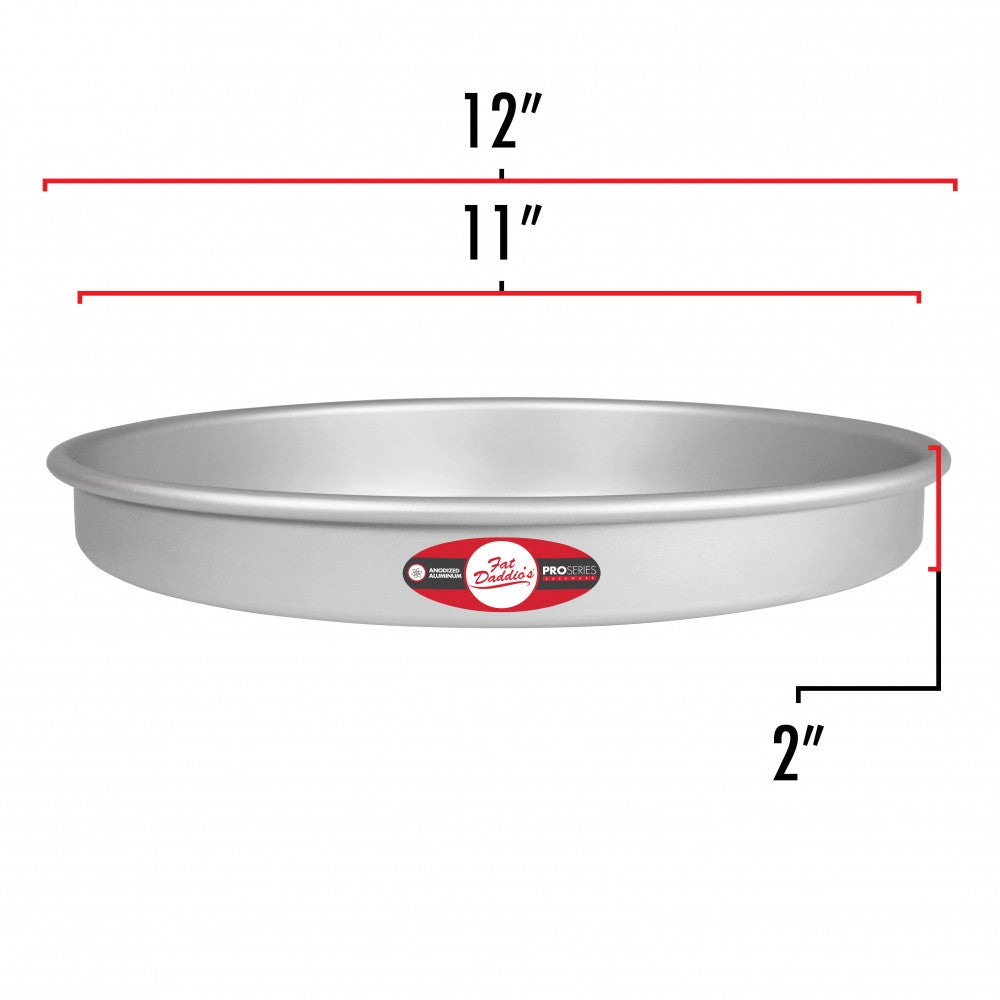 image shows the dimensions of an 11 inch round pan. The image shows the outer diameter of 12 inches and the inner diameter is 10 inches