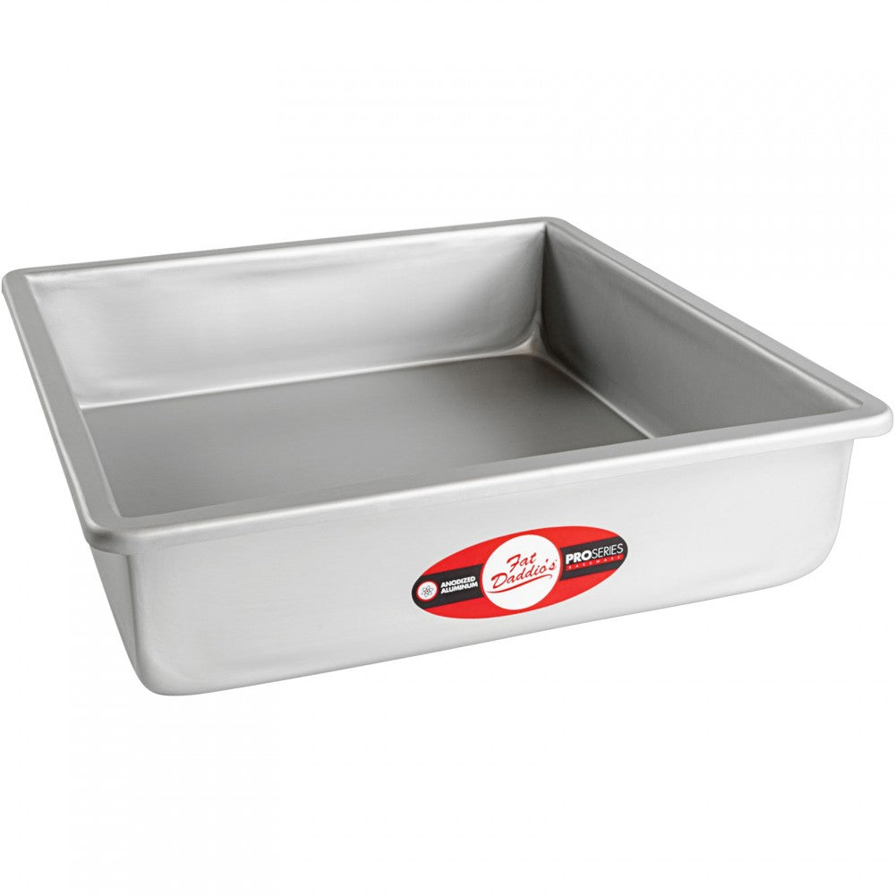 image of fat daddios square cake pan that is an 13 inch square and 3 inches deep