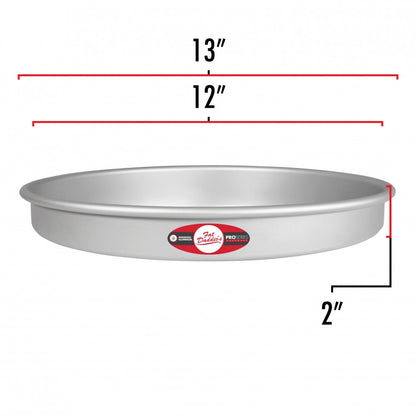 image shows the dimensions of a 12 inch round pan. The image shows the outer diameter of 13 inches and the inner diameter is 12 inches