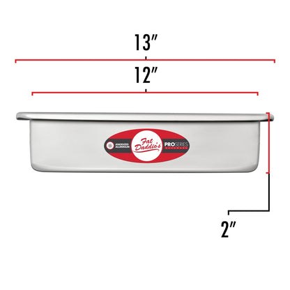 image shows the dimensions of a 12 inch square cake pan. The image shows the outer dimension as a 13 inch square and the inner dimension as a 12 inch square. The depth is 2 inches.