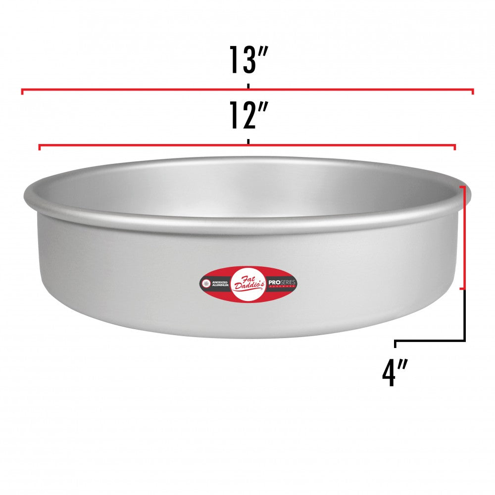 image shows the dimensions of a 12 inch round pan. The image shows the outer diameter of 13 inches and the inner diameter is 12 inches. The depth is 4 inches