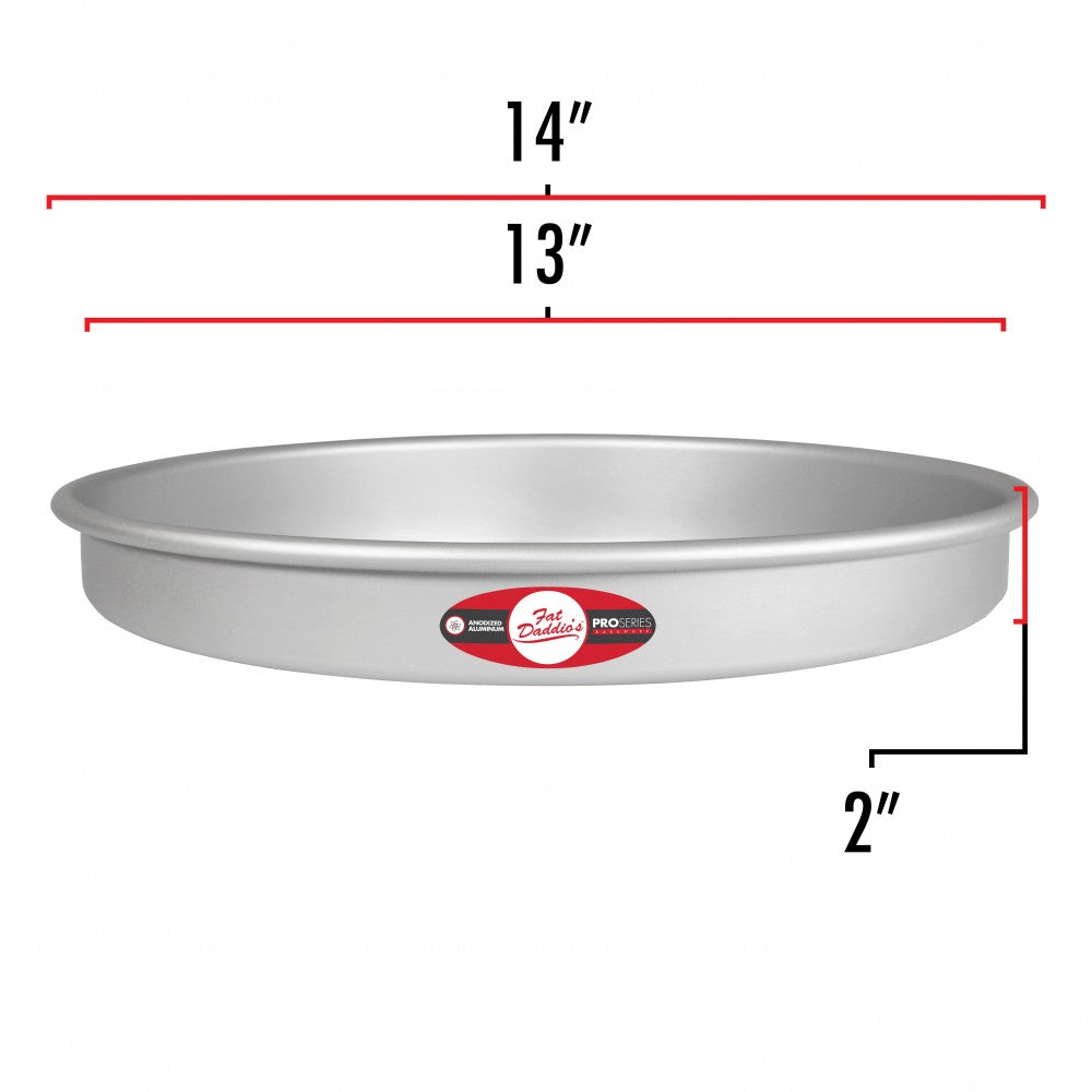 image shows the dimensions of a 13 inch round pan. The image shows the outer diameter of 14 inches and the inner diameter is 13 inches