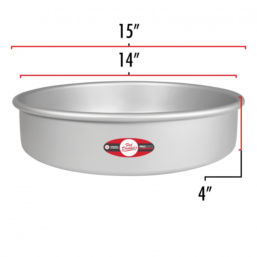 image shows the dimensions of a 14 inch round pan. The image shows the outer diameter of 15 inches and the inner diameter is 14 inches. the depth is 4 inches