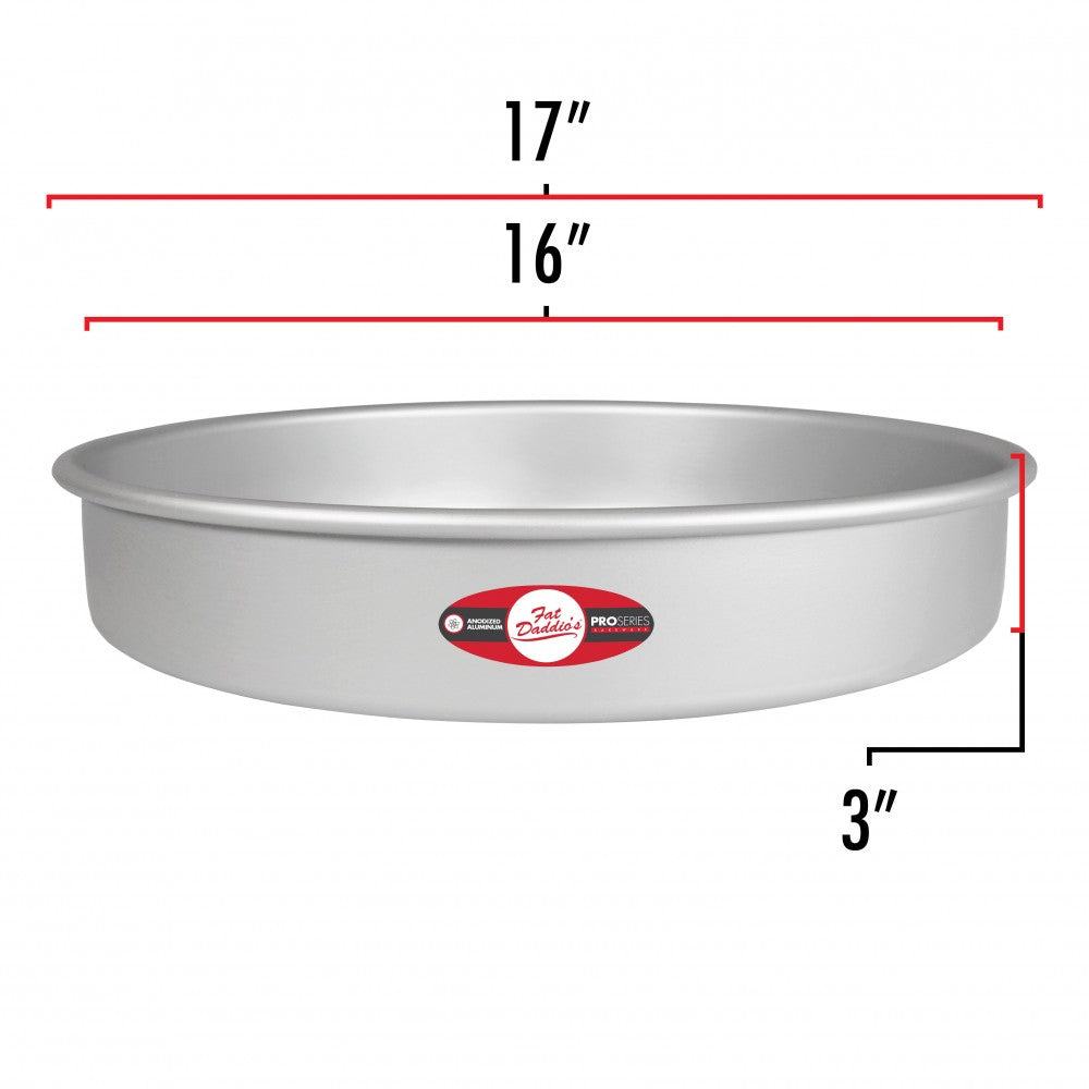 image shows the dimensions of a 16 inch round pan. The image shows the outer diameter of 17 inches and the inner diameter is 16 inches