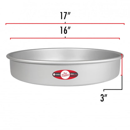 image shows the dimensions of a 16 inch round pan. The image shows the outer diameter of 17 inches and the inner diameter is 16 inches