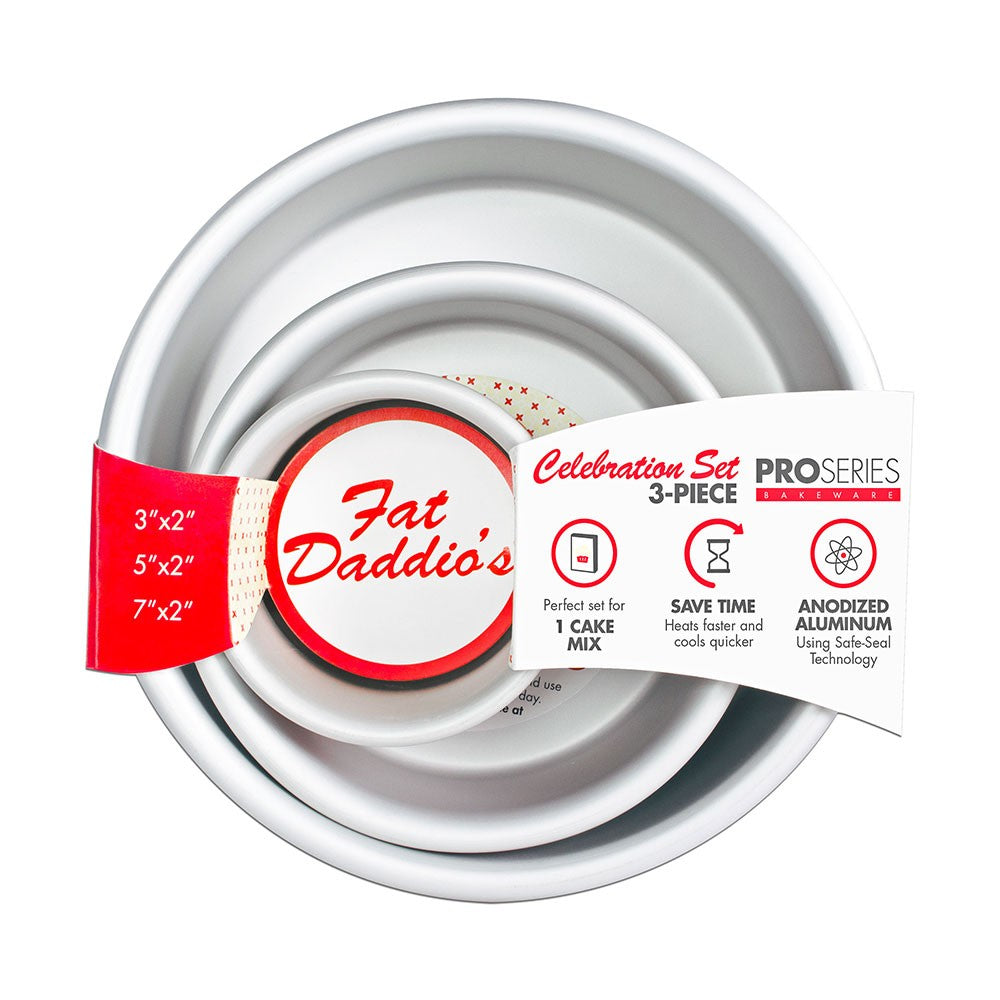 image of round cake pan set. Includes a 7 inch pan, 5 inch pan and 3 inch pan