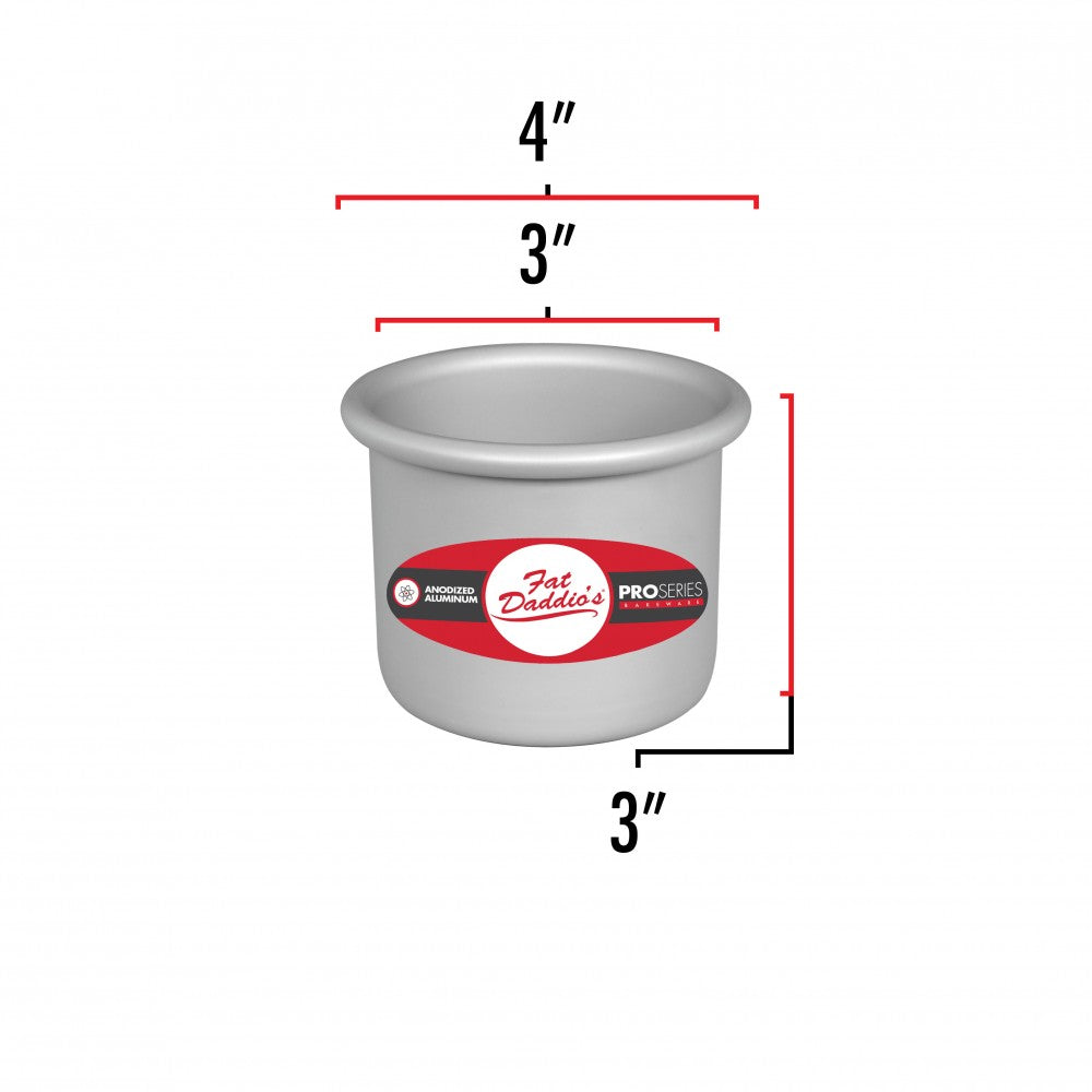 image shows the dimensions of a 3 inch round cake pan. The outer diameter is 4 inches and the inner diameter is 3 inches. The depth is 3 inches