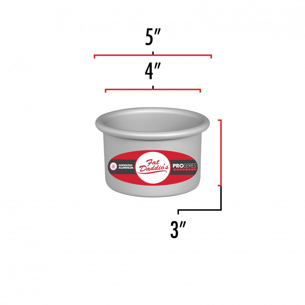 image shows the dimensions of a 4 inch round cake pan. The other diameter is 5 inches and the inner diameter is 4 inches with a 3 inch depth