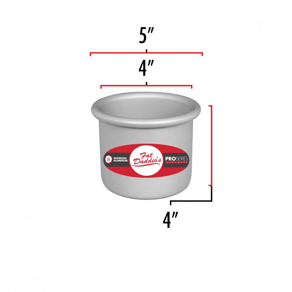 image shows the dimensions of a 4 inch round cake pan. The other diameter is 5 inches and the inner diameter is 4 inches with a 4 inch depth