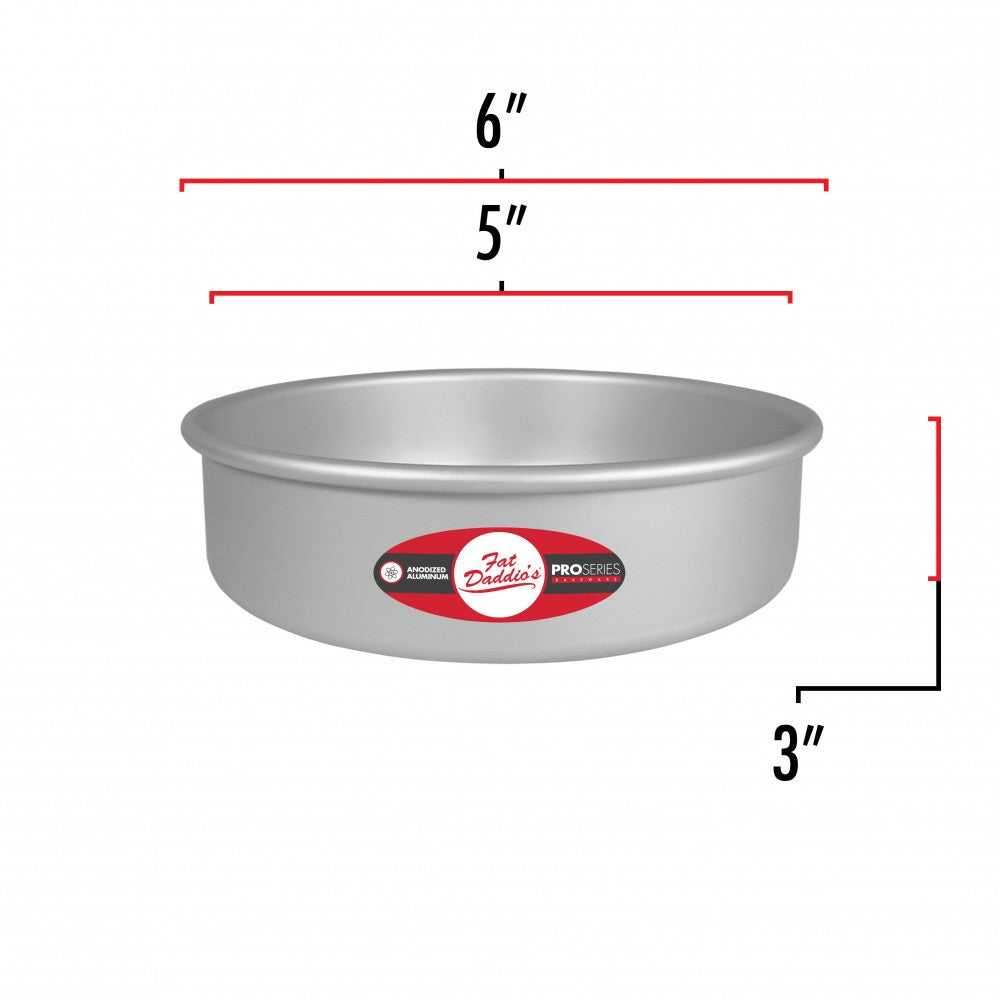 image shows the dimensions of a 5 inch round cake pan. The outer diameter is 6 inches and the inner diameter is 5 inches. The depth is 3 inches