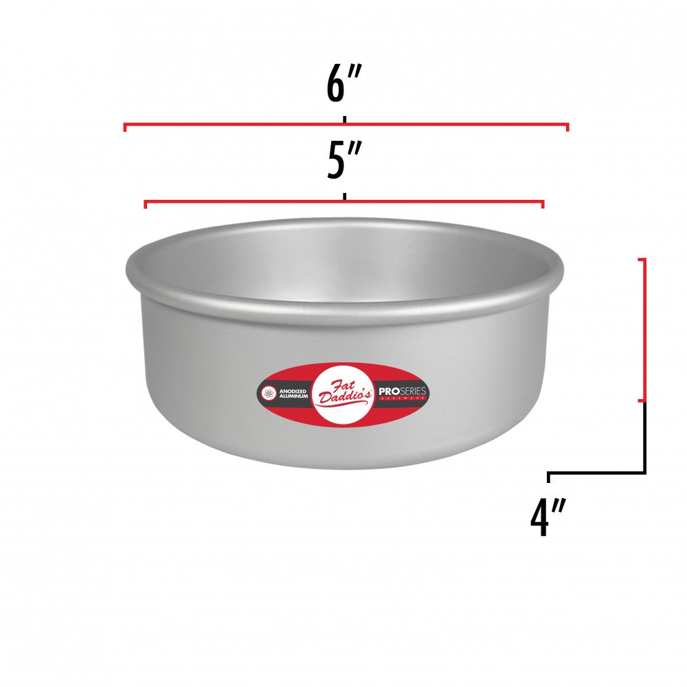 image shows the dimensions of a 5 inch round cake pan. The outer diameter is 6 inches and the inner diameter is 5 inches. The depth is 4 inches