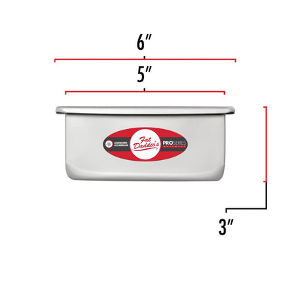 image shows dimensions of fat daddios 5 inch square cake pan. The outer dimension is 6 inches. the inner dimension is a 5 inch square. the depth is 3 inches