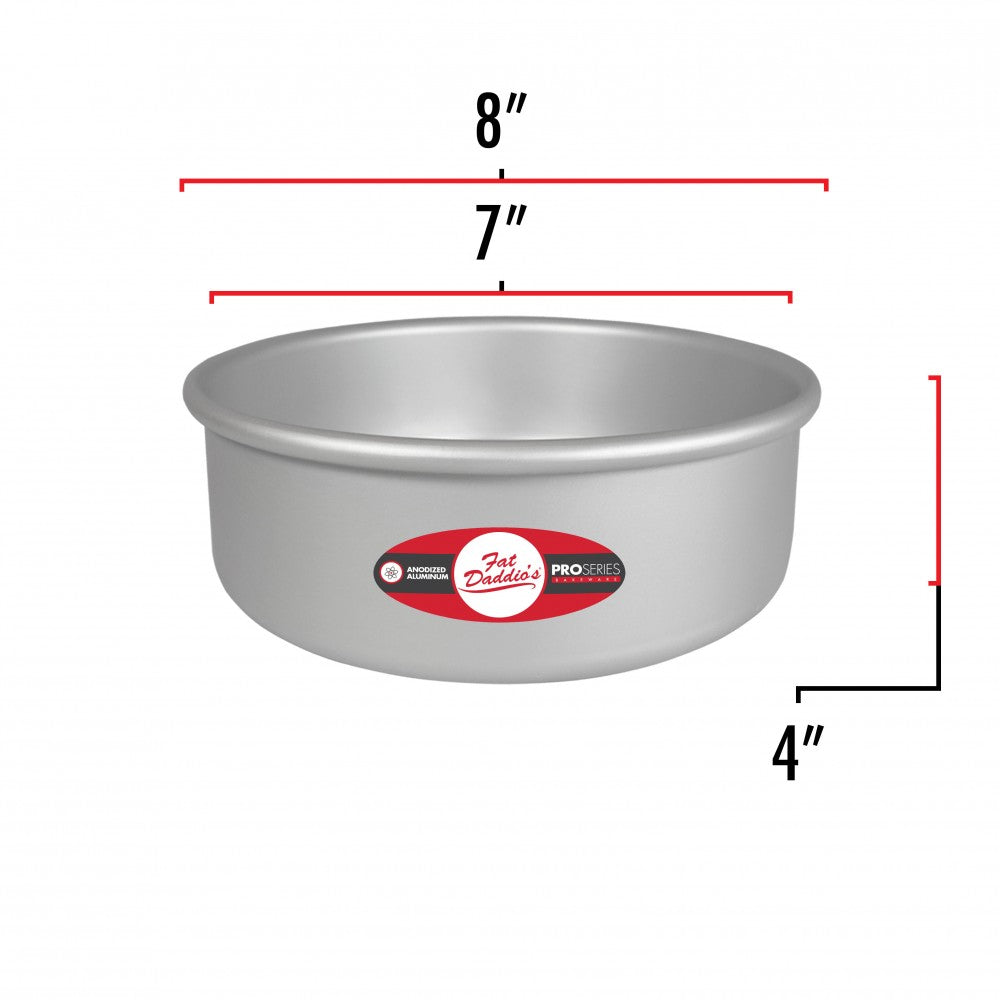 image shows the dimensions of a 7 inch round cake pan. The outer diameter is 8 inches and the inner diameter is 7 inches. The depth is 4 inches