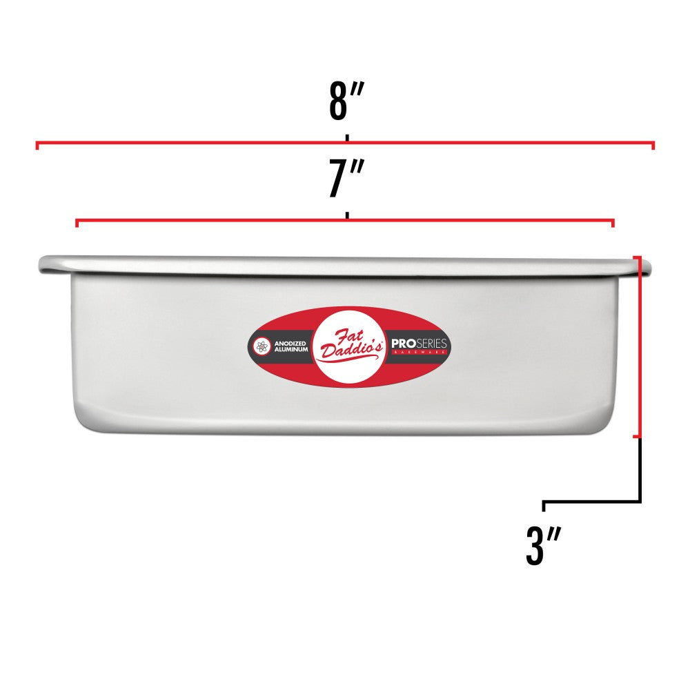 image shows the dimensions of a 7 inch square cake pan. The outer dimension is 8 inches. The inner dimension is 7 inches. the depth is 3 inches