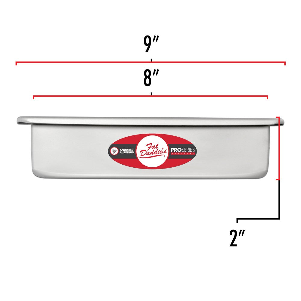 image shows the dimensions of a 8 inch square cake pan. The outer dimension is a 9 inch square and the inner dimension is 8 inch square. The depth is 2 inches